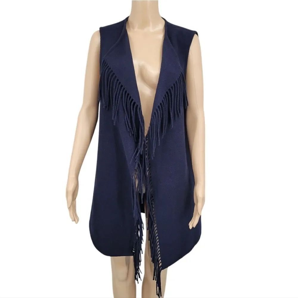 Vineyard Vines Navy Blue Wool Blend Vest Duster Open Style Fringe Longline